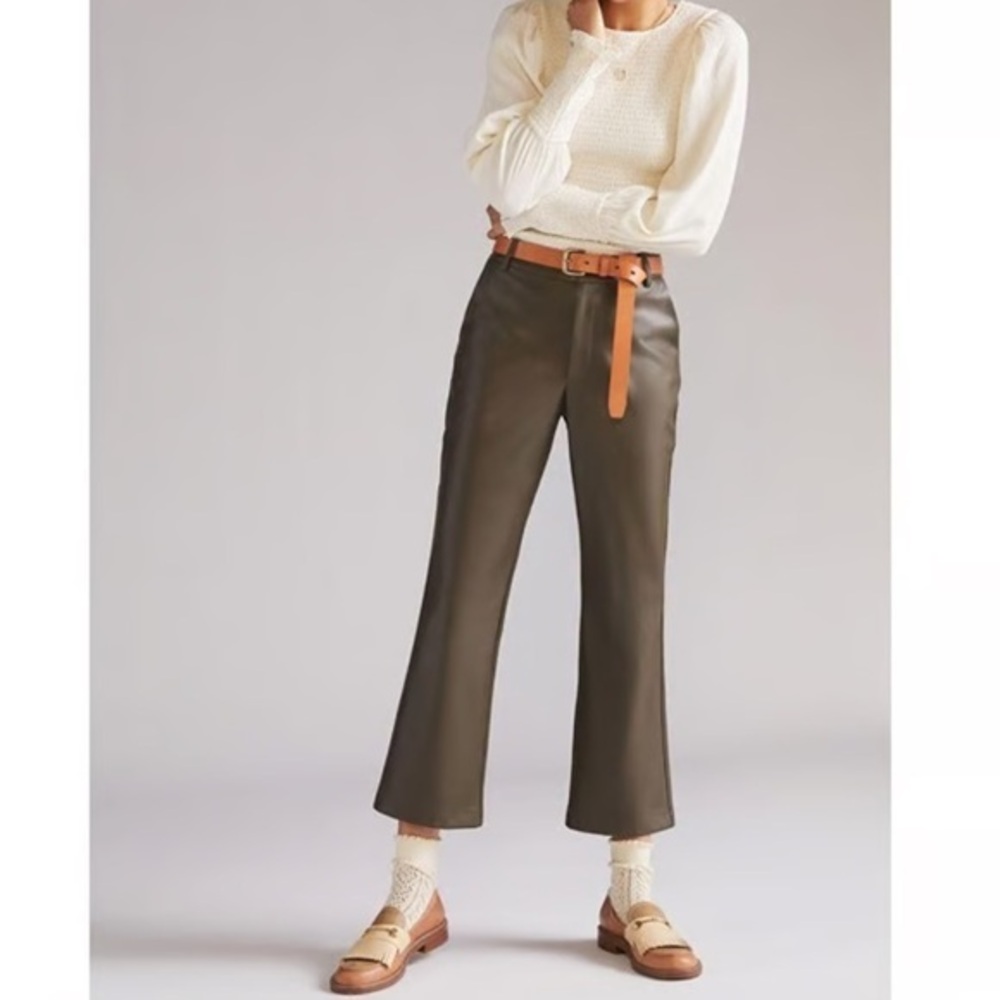 Anthropologie Avec Les Filles Brown Green Faux Leather Crooped Pants Size Small